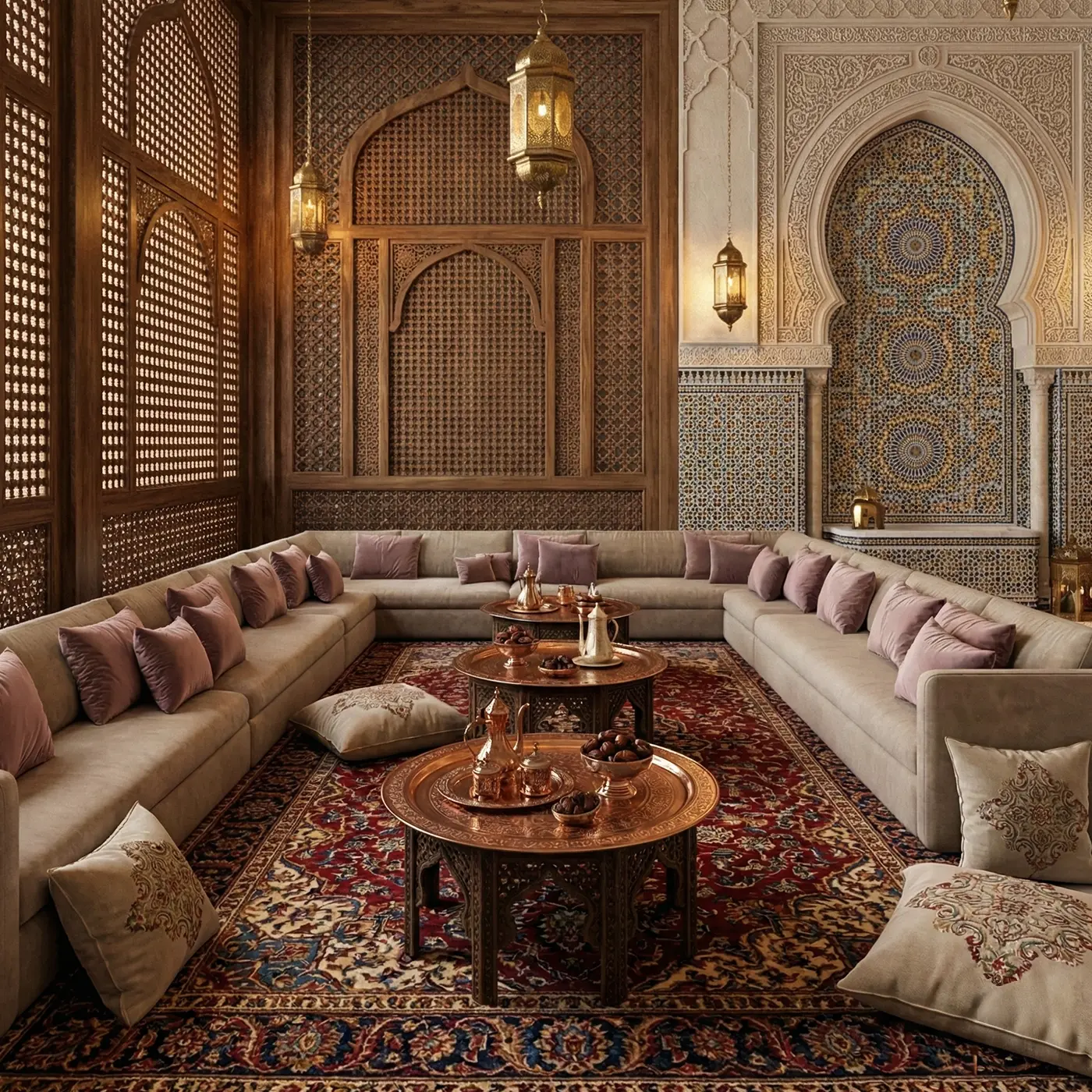 Luxe Emirati majlis met Arabische decoratie