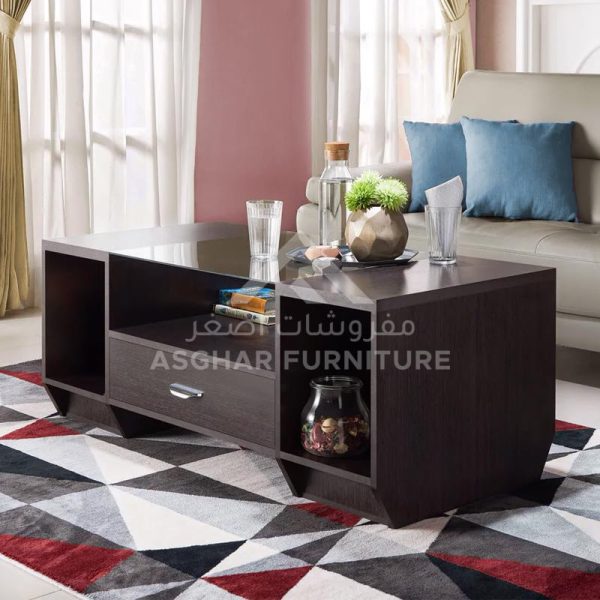 A large, dark brown rectangular coffee table with a contemporary design.
