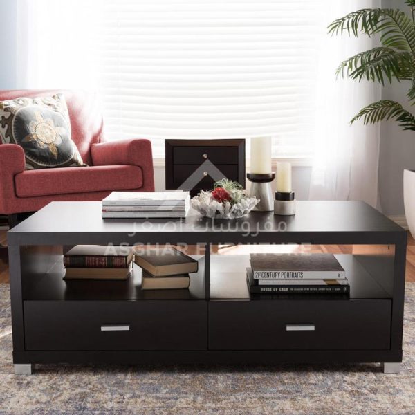 A contemporary rectangular dark wood coffee table with two drawers and two open shelves.