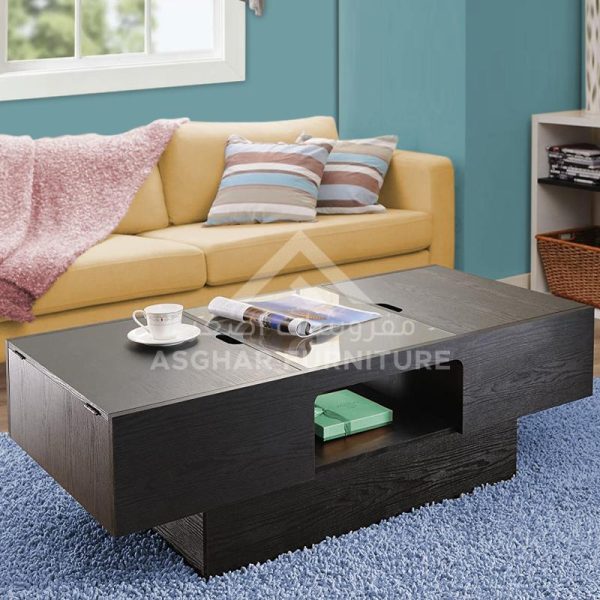 A dark brown rectangular wooden coffee table with a contemporary design and a lift-top. It has a glass insert on top and open shelves on the sides.