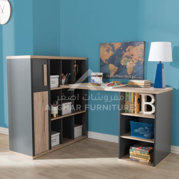 A two-tone gray and light wood L-shaped desk with integrated shelving and storage compartments.