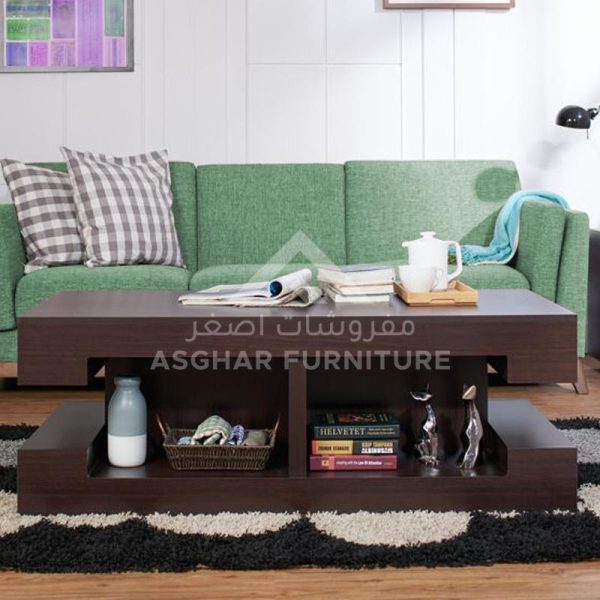 A large dark brown wooden coffee table with a modern design and an open lower shelf.