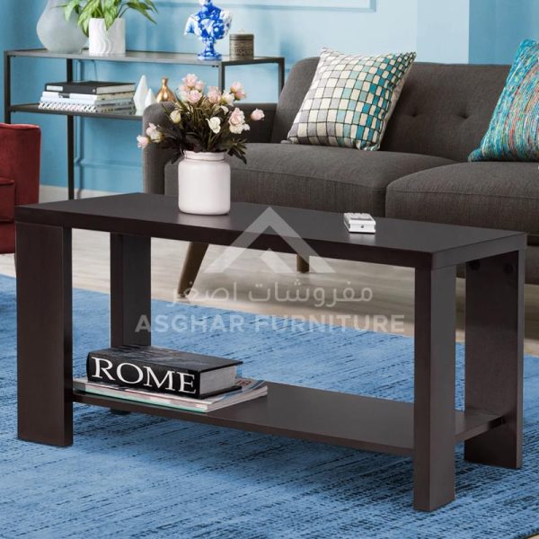 A contemporary dark brown rectangular coffee table with an open lower shelf.