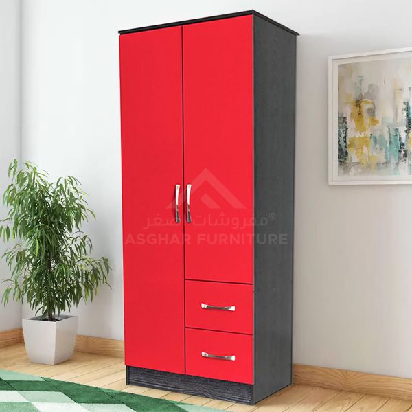 A striking red and black wardrobe with two doors and two drawers, featuring a tall, slender design.