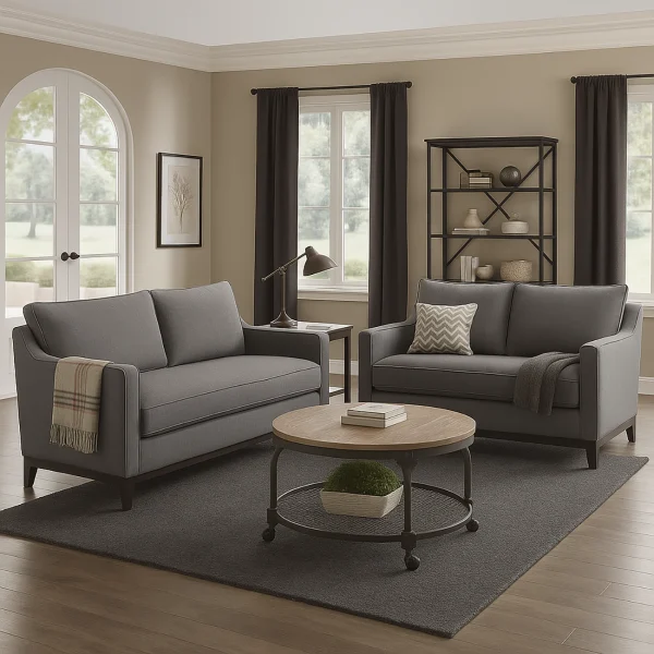 A three-piece living room set featuring a gray sofa, loveseat, and a round wooden coffee table with a black metal base. The set is placed on a gray rug.