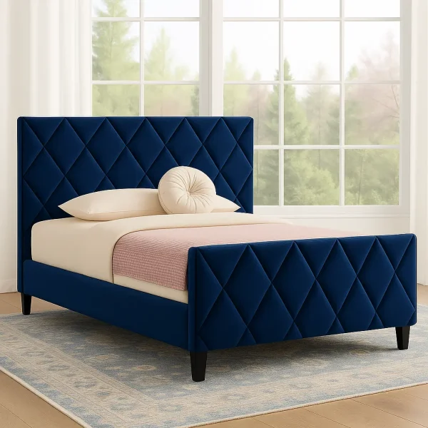 A modern navy blue upholstered bed with a diamond-tufted headboard and footboard.