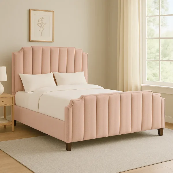 A light pink upholstered bed with a channel-tufted headboard and footboard.