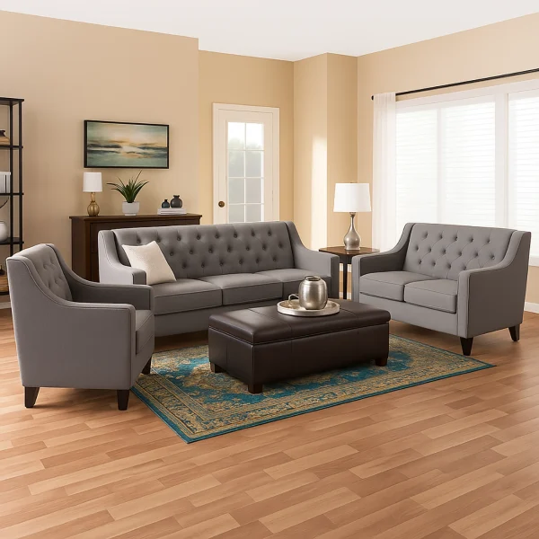 A gray tufted three-piece sofa set with a matching armchair and loveseat, and a large brown leather ottoman serving as a coffee table.