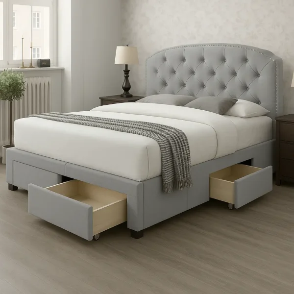 A contemporary light gray upholstered bed with a tufted headboard, and two pull-out storage drawers on each side.