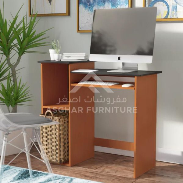 A two-tone computer desk with a monitor and side storage.