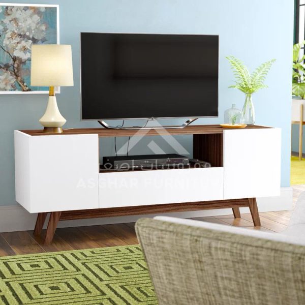 A white and wood mid-century modern TV unit with a television, open shelves, and two cabinet doors.