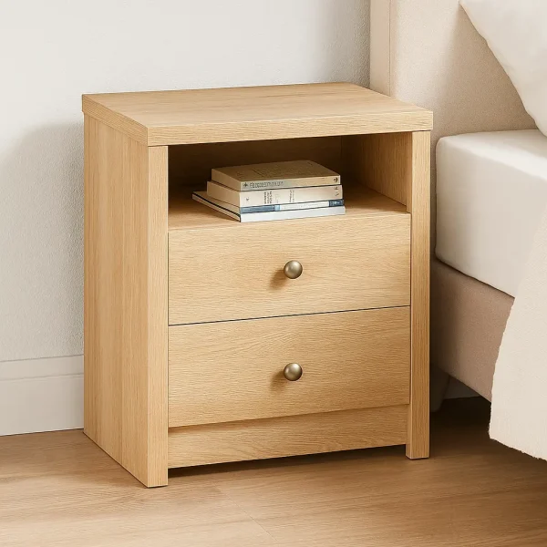 A two-drawer, one-open shelf, light-wood nightstand with ample storage space for books, perfect for placing next to a comfortable bed.