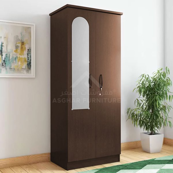 A tall dark wood two-door wardrobe with an arched mirror on one door and black handles.