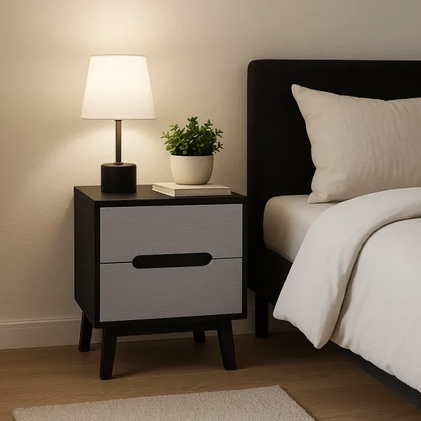 an black and grey nightstand with a lamp, a potted plant, and a book next to a bed.