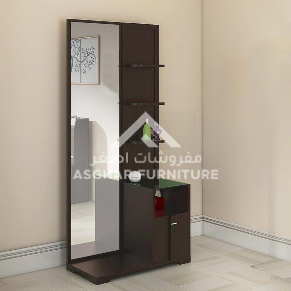 A modern dark brown dressing unit with a full-length mirror, shelves, and a small cabinet.