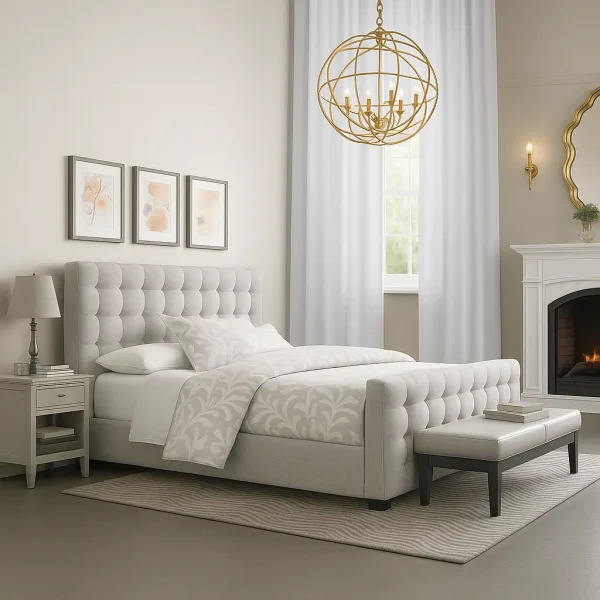 A beige tufted bed with white bedding, a matching bench, and an ornate golden chandelier.