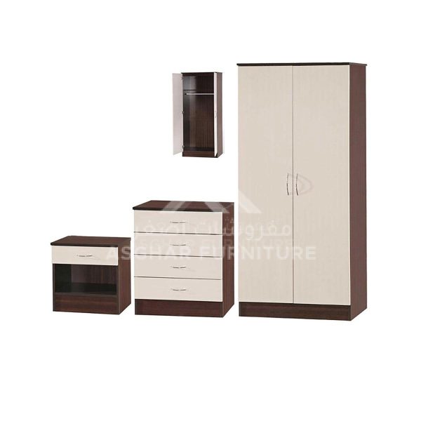 A modular bedroom set with a two-tone wardrobe, a three-drawer dresser, a nightstand, and a small wall cabinet.