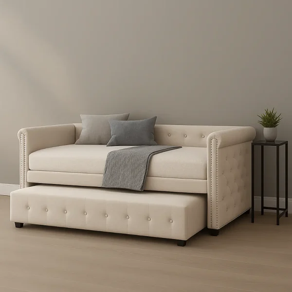 A elegant beige tufted daybed with classic nailhead trim and a convenient pull-out trundle, perfect for a modern home.