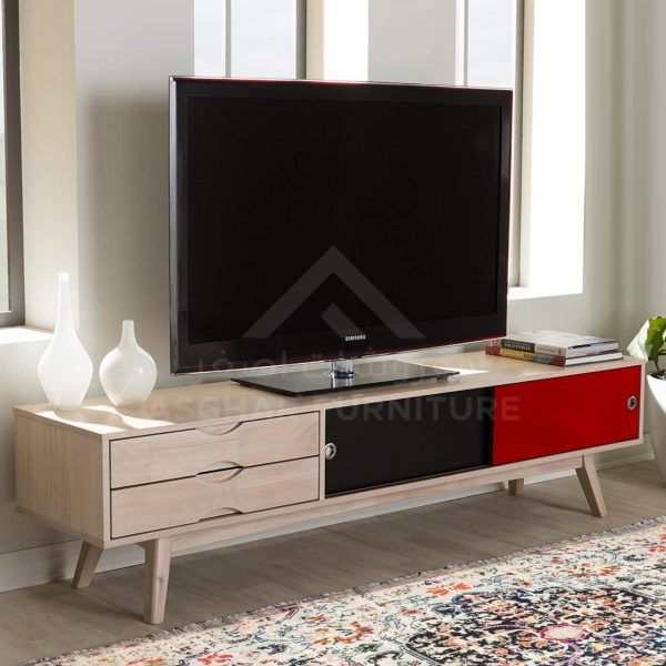 A retro wooden TV stand with two drawers and two sliding cabinets in black and red.