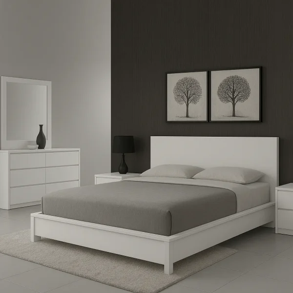 A contemporary white platform bed with a matching dresser and nightstand.