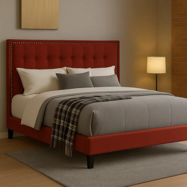 A red tufted upholstered bed with nailhead trim on the sides of the headboard.