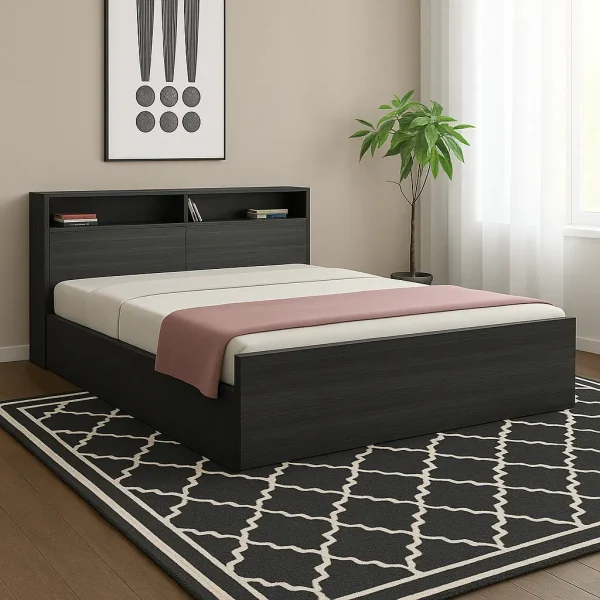 A simple dark gray wooden bed with a headboard that has built-in storage shelves.