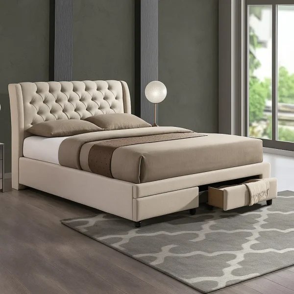 A luxurious tufted cream bed with under-bed storage, neutral bedding, and a modern globe lamp.