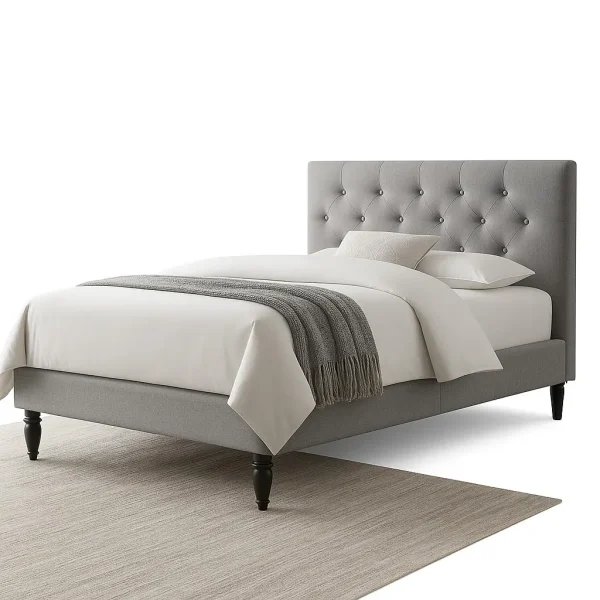 A blue upholstered tufted bed with a high headboard.