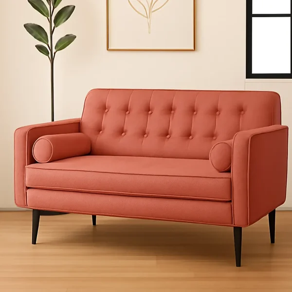 A contemporary terracotta loveseat with a tufted back, bolster pillows, and black tapered legs.