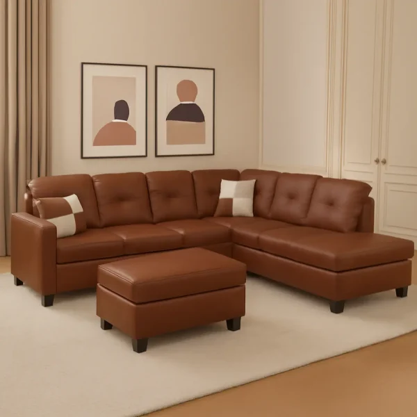 A brown leather L-shaped sectional sofa with a chaise lounge and a matching ottoman.