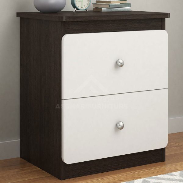 A stylish dark brown nightstand with two white drawers with round metal knobs.