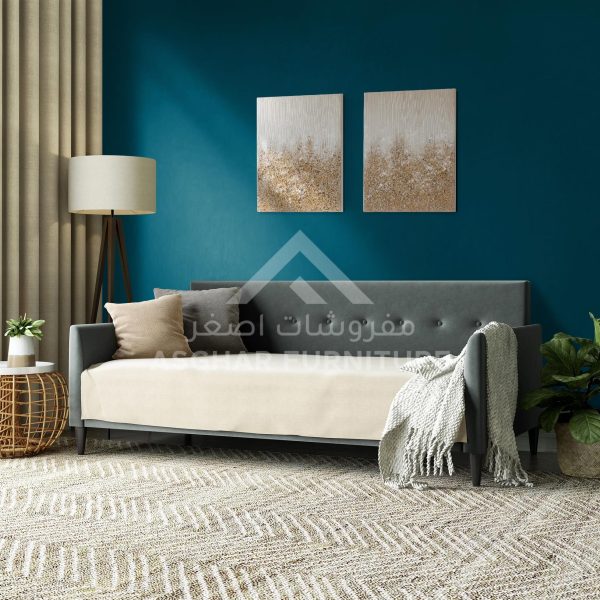 A dark grey tufted sofa with a cream-colored cushion and a grey throw blanket, placed on a patterned rug in a room with teal walls.