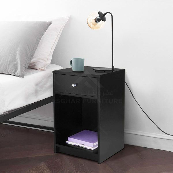 A sleek black wooden nightstand with a drawer and an open shelf.