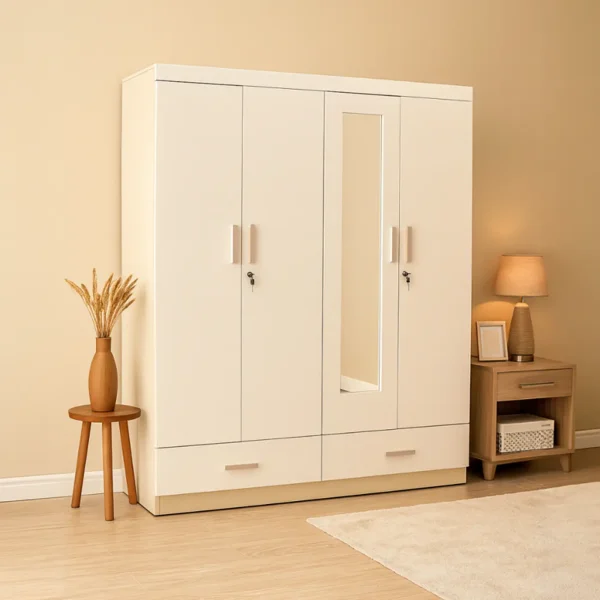 A four-door white wardrobe with a vertical mirror panel and two lower drawers, featuring silver handles.