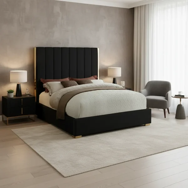 A black velvet upholstered bed with a tall vertical channel headboard framed in gold trim.