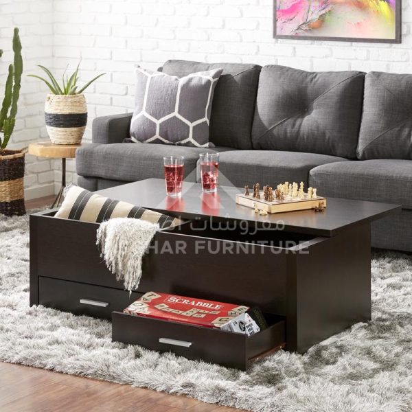 A dark brown wooden coffee table with a rectangular top that floats over a storage base. The base includes an open shelf and two cabinets with sliding doors.