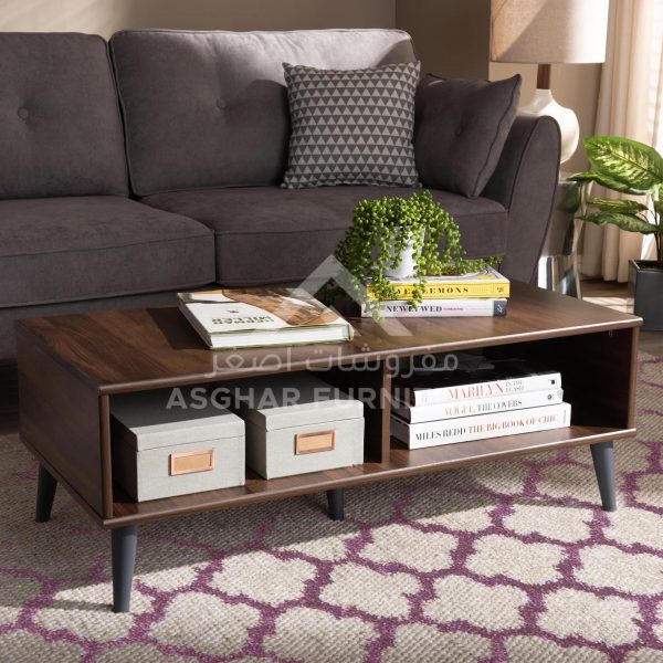 A mid-century modern style coffee table with a dark wooden top and splayed legs, with open shelving on each side.