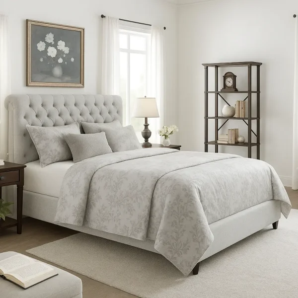 A elegant bedroom with a light gray tufted bed, patterned bedding, and a dark wooden etagere.