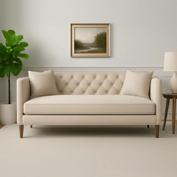 A beige sofa with a tufted back, clean lines, and angled wooden legs. The sofa has two matching throw pillows and a low-profile design.