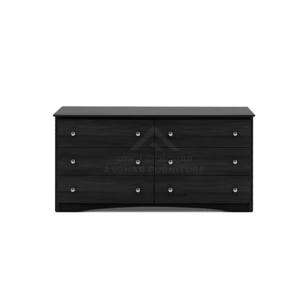 A sleek black wooden six-drawer dresser with round silver knobs.