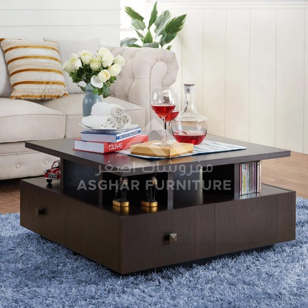 A contemporary dark brown wooden coffee table with a lift-top design and two drawers. The sides also have open shelves for extra storage.