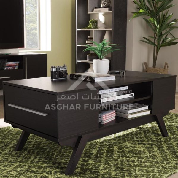 A dark wood rectangular coffee table with a mid-century modern design, two drawers, and a central open shelf.