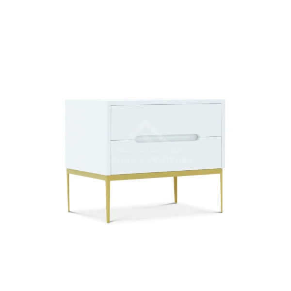 A contemporary white two-drawer nightstand with a gold metal frame and long, thin legs.