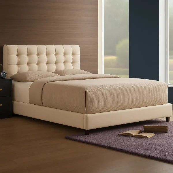 A modern beige tufted upholstered bed with a square-tufted headboard.