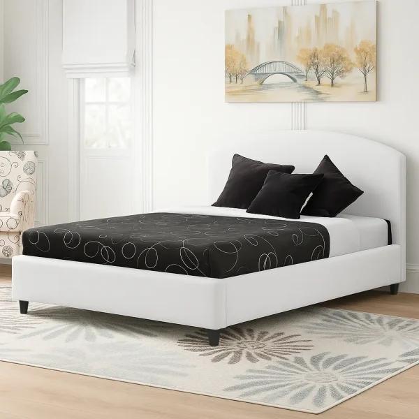 A contemporary gray upholstered storage bed with a tufted headboard and two pull-out drawers.
