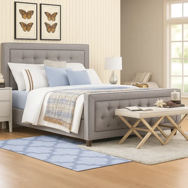 A contemporary gray upholstered bed with a high tufted headboard and a tufted footboard.