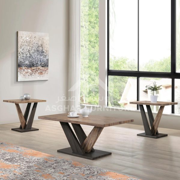A three-piece coffee table set with a unique V-shaped leg design in a dark and light wood finish.
