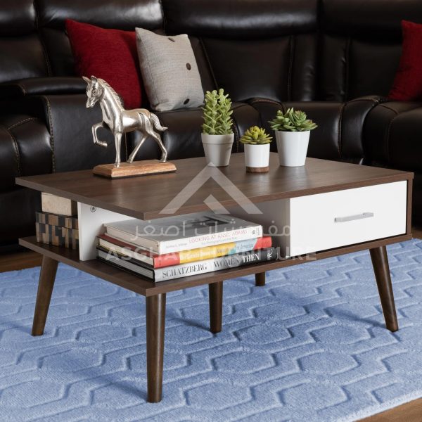 A stylish mid-century modern coffee table with a two-tone design, featuring a dark wood finish and a white drawer.