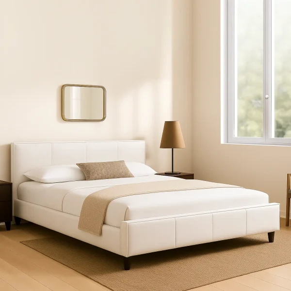 A modern bedroom with a white upholstered bed, gold mirror, and lamp. A window brightens the beige room.