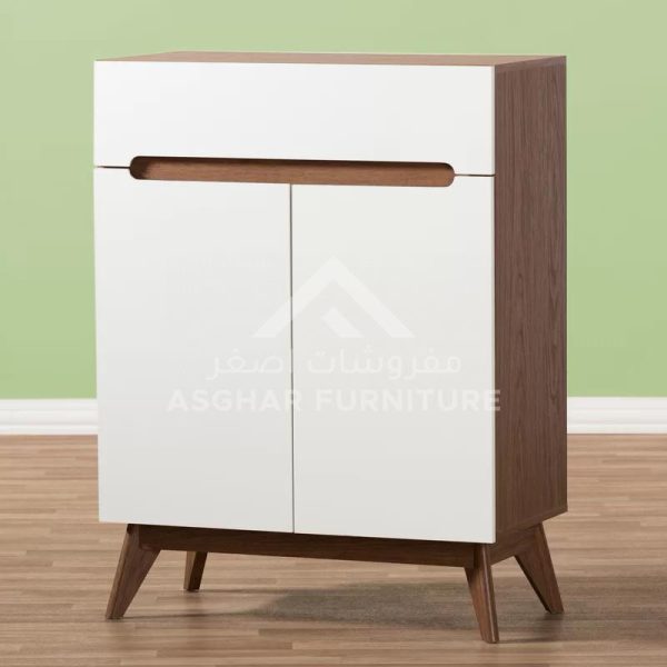 A stylish two-tone shoe cabinet with white doors, a wooden top and sides, and splayed legs.